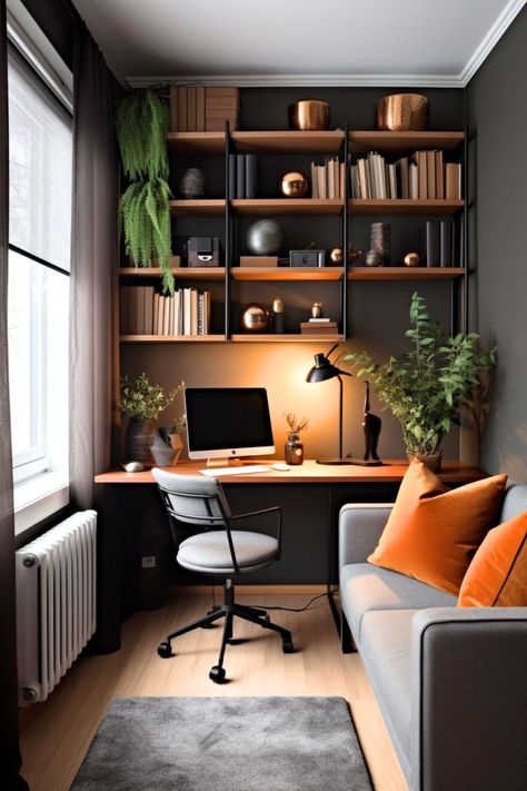 Modern Home Offices, Small Home Offices, Cozy Home Office, Interior Design Per La Casa, Office Inspo, Small Home Office, Modern Home Office, Finished Basement, Home Office Setup