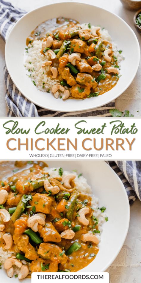 Potato Chicken Curry, Paleo Slow Cooker Recipes, Sweet Potato Chicken, Slow Cooker Chicken Curry, Pasta Ideas, Slow Cooker Sweet Potatoes, Potato Chicken, Real Food Dietitians, Favorite Chicken