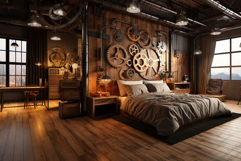 Experience a fusion of traditional craftsmanship and modern technology with these steampunk bedrooms, featuring intricate woodwork, mechanical clocks, and industrial elements. #SteampunkBedrooms #IndustrialDesign #Woodwork #ClockworkChic Steam Punk Bedroom, Steampunk Bed, Electronics Workbench, Steampunk Interior Design, Steampunk Room, Intricate Woodwork, Steampunk Rooms, Steampunk Bedroom, Steampunk Interior