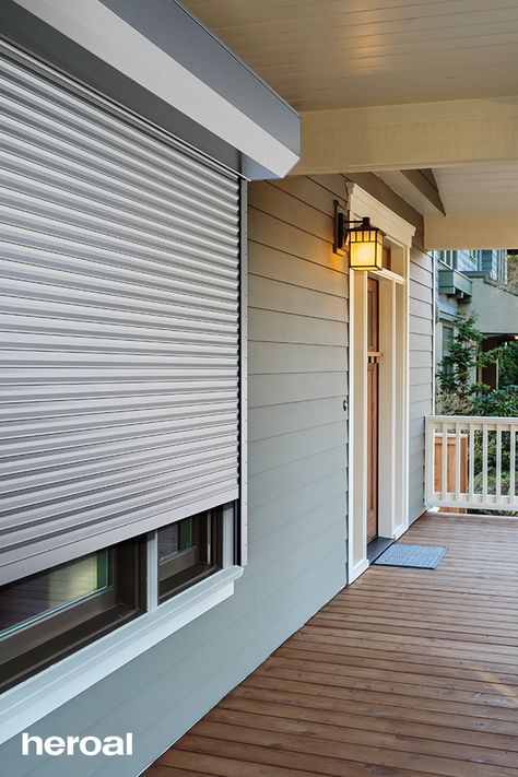 Building A House Checklist, Electric Shutters, Metal Shutters, Window Shutters Exterior, Security Shutters, Backyard Covered Patios, Rolling Shutter, Home Security Tips, Outdoor Blinds