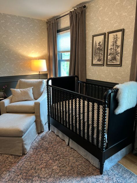 Nursery Molding Ideas, Vintage Aesthetic Nursery, Wallpaper And Beadboard Nursery, Nursery Ideas Moody, Boy Nursery Dark Furniture, Bed In Nursery For Mom, Masculine Nursery Baby Boy, Baby Boy Nursery Dark Wood Furniture, Nursery Ideas Vintage Gender Neutral