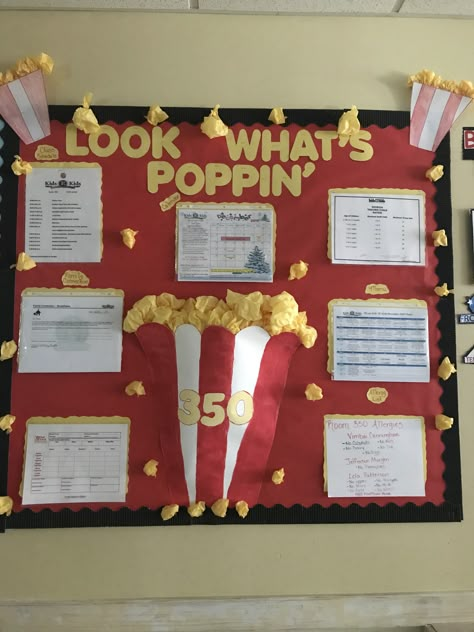 What’s Poppin Bulletin Board, Whats Poppin Bulletin Board, Hospital Staff Bulletin Board Ideas, Resident Of The Month Ideas, Info Board Ideas, Assisted Living Bulletin Board Ideas, Popcorn Bulletin Board Ideas, Recognition Bulletin Board, Office Bulletin Board Ideas Business