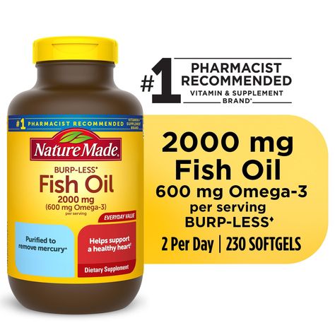 Arrives by Thu, Apr 13 Buy Nature Made Burp Less Fish Oil 2000 mg Per Serving Softgels, Omega 3 Fish Oil Supplements, 230 Count at Walmart.com Fish Oil Supplements, Omega 3 Fish, Vitamin Brands, Herbal Elixir, Oils For Men, Krill Oil, Omega 3 Fish Oil, Coconut Oil Pulling, 3 Fish