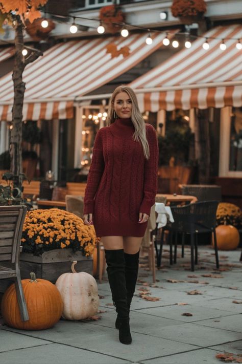 A woman in a deep red knit dress and black thigh-high boots, standing under fairy lights at an outdoor café on a cool fall evening, showing a stylish date night look. Red Sweater Dress With Boots, Date Night Outfit Red, Outfit Ideas Red, Fall Date Night Outfit, Maroon Sweater Dress, Fall Date Night, Red Knit Dress, Date Night Outfit Ideas, Night Outfit Ideas