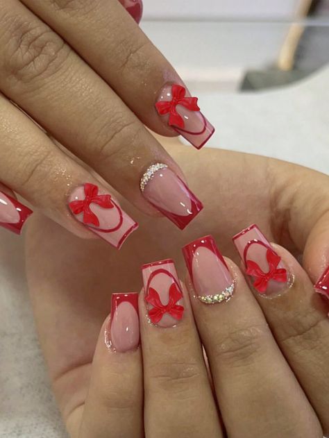 24pcs Square Flat Press-On Nails, Red French Tip With 3D Bowknot & Rhinestone Decor Full Coverage False Nails, Suitable For Women Daily Wear & Parties Multicolor French   ABS Geometric Press On Nails Set   Nail,Hand & Foot Care, size features are:Bust: ,Length: ,Sleeve Length: Le Port, Foot Care, False Nails, Press On Nails, Beauty Health, Sleeve Length, Square, Nails, Red