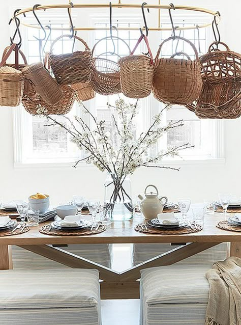 Basket Hanging From Ceiling, Modern Farmhouse Table Setting, Decorating With Baskets, Tufted Ottoman Coffee Table, Decorate With Baskets, Diy Buffet, Farmhouse Baskets, Basket Display, Farmhouse Table Setting