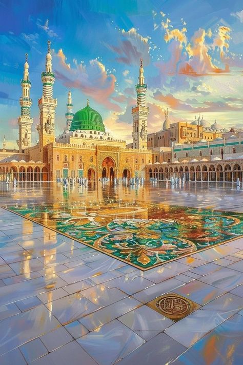 "A detailed painting of a mosque with intricate designs, showcasing Islamic architecture and art, adding a spiritual and elegant touch to the decor." Grave Photography, Islamic Library, Mecca Medina, Islamic Stories, Islamic Designs, Persian Calligraphy Art, Cool Galaxy Wallpapers, Galaxy Wallpapers, Mosque Art