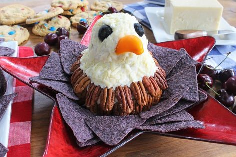 American Eagle Cheese Ball, Patriotic Cheese Ball, Eagle Cheese Ball, Eagle Snacks, Blue Tortilla Chips, Blueberry Cakes, Cheeseball Recipe, Fourth Of July Party, Patriotic Food