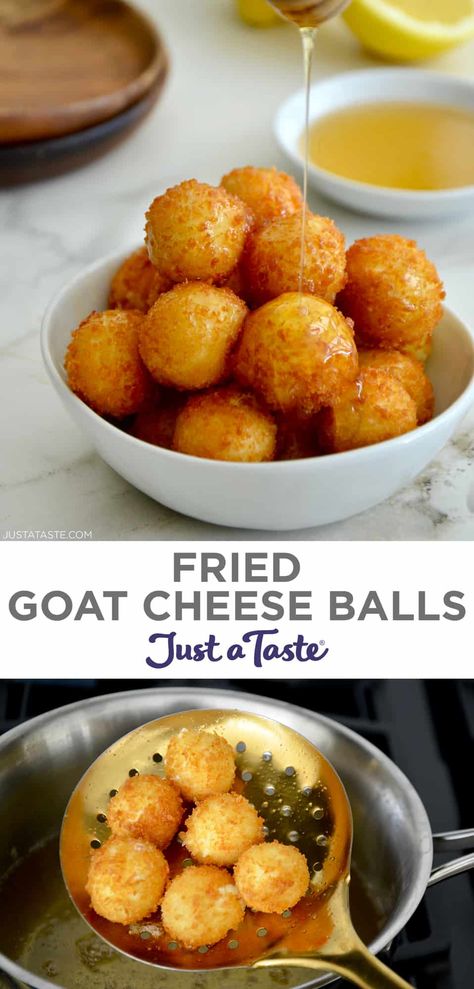 Fried Goat Cheese Balls are here to revolutionize your appetizer, snack and salad topping game! Tangy goat cheese is wrapped in a Panko crust and fried (or air-fried!) until crispy, crunchy, gooey golden brown perfection. justataste.com #goatcheeseappetizer #bitesizeappetizers #cheeseball #cheeseballrecipes #justatasterecipes Cheese Balls Air Fryer, Fried Goat Cheese Balls, Goat Cheese Balls, Salad Topping, Makey Makey, Goat Cheese Appetizer, Fried Goat Cheese, Hot Cheese, Goat Cheese Recipes