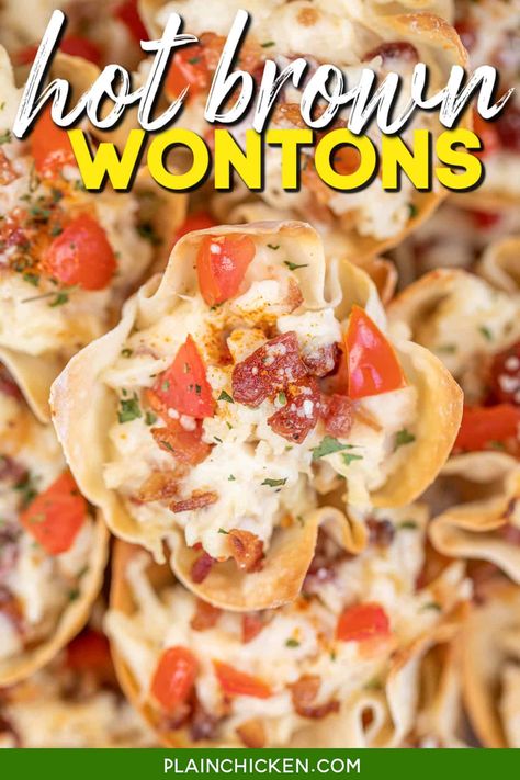 Hot Brown Wontons Recipe - all the flavors of a Kentucky Hot Brown Sandwich in a bite-sized treat! Turkey, bacon, tomatoes, mornay cheese sauce, and wontons baked in a muffin pan. Perfect for your Kentucky Derby and holiday parties. This a great recipe to use up any leftover holiday turkey. Wonton Muffin Tin Recipes, Sausage Won Ton Cups, Hot Brown Bites, Sausage And Cheese Mini Wonton Appetizers, Turkey Wontons, Chicken Wonton Cups Appetizers, Bbq Chicken Wonton Cups, Wonton Bites, Hot Brown Sandwich