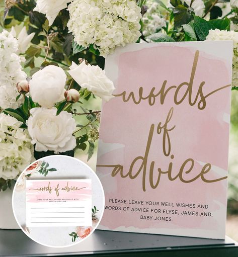 Words of Advice Sign and Card, Pink Watercolour, Baby Shower New Parents Advice Cards, Printable Bridal Shower Newlyweds Advice Game Parent Advice Cards, Mom-osa Bar Sign, Words Of Advice, Mom-osa Bar, Advice For Newlyweds, New Parent Advice, Advice Cards, Word Of Advice, Cards Printable