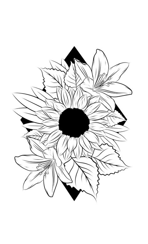 Sunflower And Lily Tattoo, Aesthetic Flower Tattoo, Flower Tats, Leaves Black And White, Lillies Tattoo, Flower Tat, Lilies Drawing, White Sunflowers, Lily Tattoo