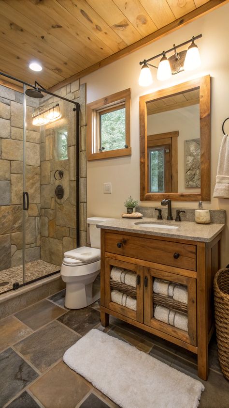 Small Cabin Aesthetic Small Cabin Aesthetic, Tiled Showers, Reclaimed Wood Vanity, Cabin Aesthetic, Cabin Bathroom, Cabin Bathrooms, Small Cabin, Neutral Color Palette, Aesthetic Ideas