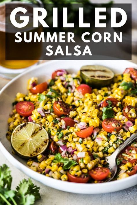 This roasted corn salsa is made with grilled corn, cherry tomatoes, onions, jalapeño, garlic, and more! It's an easy appetizer and side dish! Grilled Corn Salsa Recipe, Roasted Corn Salsa Recipe, Lake Recipes, Corn Grilled, Luscious Recipes, Grilled Corn Salsa, Roasted Corn Salsa, Isabel Eats, Corn Salsa Recipe