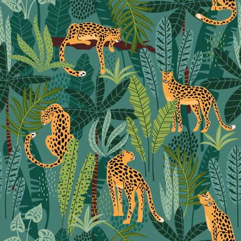 Seamless pattern with leopards and tropical leaves. Premium Vector Jungle Safari Nursery, Bedroom Wallpaper Murals, Safari Nursery Wall Art, Motif Jungle, Leopard Party, Geometric Pattern Wallpaper, Cartoon Tiger, Jungle Illustration, Afrique Art