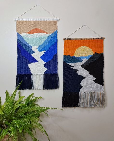 ◈ Unique wall fiber art - " Mountain Waterfall " scenery tapestries of different moods and seasons 2023 🖼️ ◈ If you need a larger size or your own design, please contact me. I will be glad to help you. ◈ Handmade wall hanging woven panel wall decor. The tapestry is made on a hand loom. 🧶 Woven Wall Art Hanging Tapestry, Landscape Tapestry, Woven Tapestry Art, Weaving Wall Decor, Tapestry Loom Weaving, Art Yarn Weaving, Tapestry Loom, Handmade Tapestries, Weaving Loom Diy