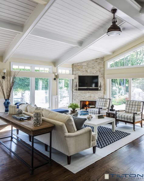 Ceiling & Wall Planks - Gallery | Tilton Coffered Ceilings Terrasse Med Tak, Corner Fireplace Living Room, Sunroom Designs, Open Concept Living Room, Living Room Corner, Coastal Living Rooms, Corner Fireplace, Room Additions, Traditional Living Room