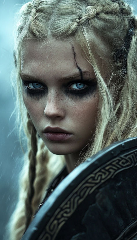 Viking Warrior Shield Maiden with striking blue eyes Simple Viking Makeup Women, Viking Queen Makeup, Shield Maiden Makeup, Slavic Braids, Female Viking Warrior, Viking Halloween, Ppl References, Viking Halloween Costume, Viking Makeup