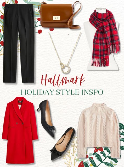 Christmas Hallmark Aesthetic, Hallmark Christmas Outfits, Dress Like A Christmas Song, Hallmark Movie Outfits, Hallmark Christmas Aesthetic, Hallmark Outfits, Red Coat Outfit Winter, Christmas Church Outfit, Beige Sweater Outfit