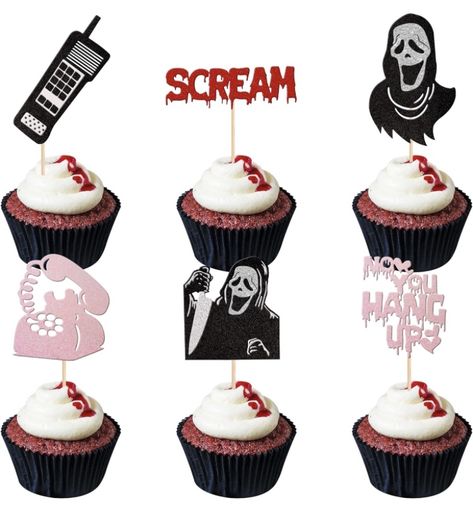 Scream Movie Party, Halloween Party Cake, Movie Party Decorations, Halloween Cupcake Toppers, Edible Cupcake Toppers, Scream Movie, Decorator Icing, Birthday Cupcake, Kids Gift Guide