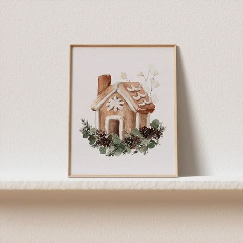 ArtSaltPlace - Etsy Gingerbread House Wall Art, Gingerbread Wall Art, Gingerbread House Watercolor, Watercolor Gingerbread House, Gingerbread House Painting, Gingerbread House Printable, Watercolor Painting Christmas, House Watercolor Painting, Baking Poster