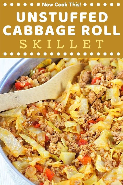 This easy one-pan Unstuffed Cabbage Roll Skillet has everything that you love about traditional stuffed cabbage rolls - ground meat, onions, garlic, rice, and cabbage in a delicious tomato sauce - without all the work! It's a delicious dinner that's ready in only about 40 minutes. Get the recipe and give it a try! #unstuffedcabbagerolls #cabbagerolls #cabbage #polishfood #onepanmeals Cabbage Roll Skillet, Rice And Cabbage, Polish Stuffed Cabbage, Unstuffed Cabbage Rolls, Cabbage Casserole Recipes, Cabbage Rice, Stuffed Cabbage Rolls, Garlic Beef, Unstuffed Cabbage