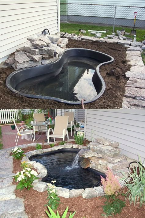 Diy Pond Ideas, Small Garden Patio, Patio Water Feature, Small Backyard Ponds, Diy Ponds Backyard, Backyard Waterfall, Garden Pond Design, Outdoor Ponds, Diy Pond