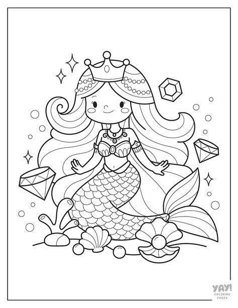 Princess mermaid with crown and jewels Coloring Page Mermaid, Mermaid Colouring In Pages, Mermaid Coloring Pages Free Printable, Free Mermaid Coloring Pages, Cute Coloring Pages For Kids, Cute Printables, Free Planner Pages, Sunken Treasure, Christmas Scrapbook Paper