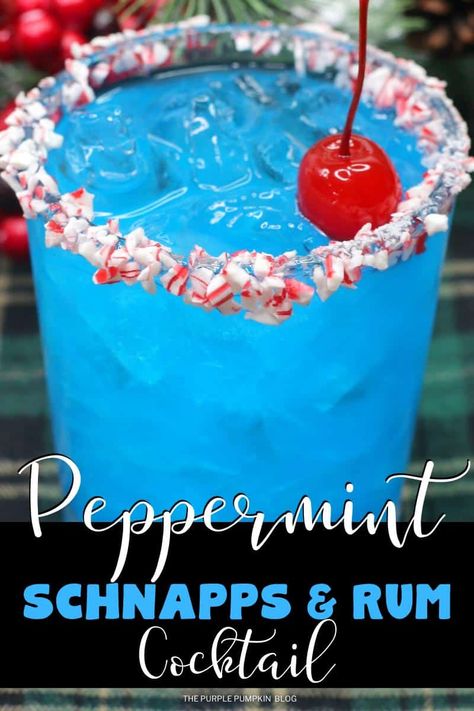 This Peppermint Schnapps Cocktail called Frosty the Snowman is a delicious holiday drink that is sure to delight all who sip it! The combination of vanilla rum, blue curaçao, and peppermint schnapps is a taste sensation and the crushed candy-cane glass rim is a real festive treat! Peppermint Schnapps Drinks, Winter Gin Cocktails, Fun Christmas Cocktails, Easy Winter Cocktails, Xmas Brunch, Peppermint Cocktail, Easy Holiday Cocktails, Boozy Treats, Peppermint Schnapps