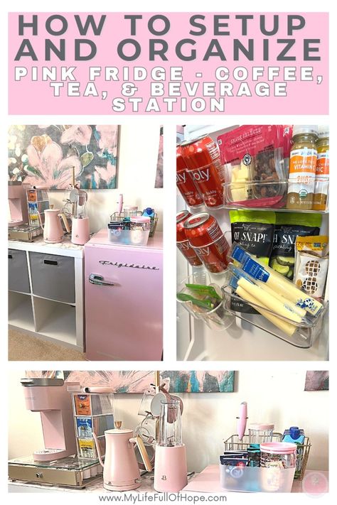 HOW TO SETUP & ORGANIZE PINK COFFEE, TEA, BEVERAGE STATION, AND PINK FRIDGE - If you love pink as I do, I wanted to have a pink Keurig coffee bar aesthetic in my mom's cave/office. I am sharing with you how I organized my pink fridge and what I used to stock it. Creating a beverage station in your work or creative space would be perfect for your small space.  #pinkcoffeebarideas #Pinkfridge #pinkbeveragestation Mini Fridge In Office Ideas, Office Coffee Bar Ideas Mini Fridge, Mini Fridge Office Set Up, Office Beverage Station, Pink Coffee Station, Coffee Station Dorm Room, Dorm Room Ideas Organization Mini Fridge, Pink Keurig Coffee Station, Keurig Coffee Bar