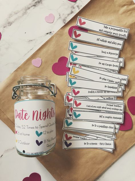 Date Night At Home Ideas - Free Download Message Jar, Handmade Paper Gifts, Night Jar, Date Night Jar, Handmade Gifts For Boyfriend, Romantic Ideas, Boyfriend Crafts, Homemade Valentines, Gifts For Boyfriend