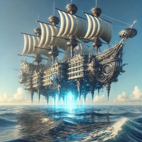 Discover The Ghost, the  mothership of the Silver Fleet. Floating serenely above a tranquil sea, this ship blends pirate allure with futuristic technology. Few have ever captured a glimpse into a world where the past and the future sail together in harmony. #PirateShip #worldbuilding #Ocean #fantasyworlds #Fantasydesign Futuristic Pirate Ship, Futuristic Pirate, Fantasy Ghost, Ghost Pirate, Ghost Ship, Alien Vs Predator, Alien Vs, Futuristic Technology, School Project