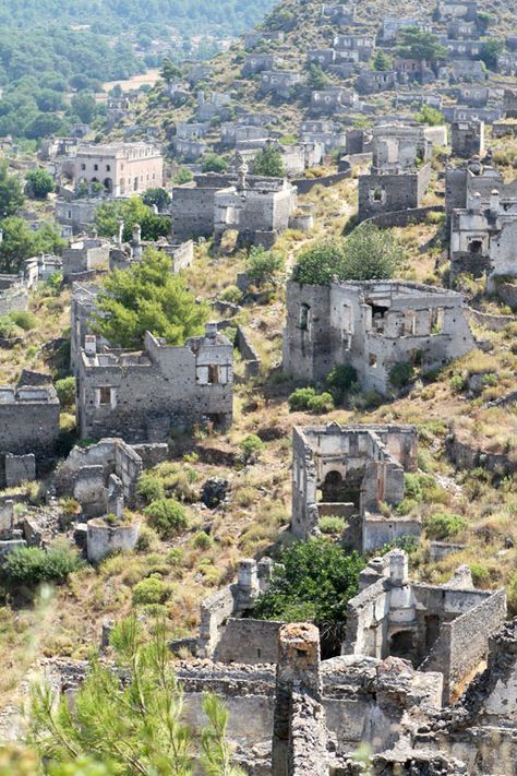 "In 1923 the Greeks living in Kayakoy, Turkey departed after a population exchange between the Greek and Turkish governments was mandated, leaving it an abandoned village. Some two million families, Greek Christians and Turkish Muslims alike, were uprooted from the homes and the country they had lived in, many for generations.  Today some 500 original homes remain in Kayakoy, all now in ruins." Travelling Turkey, Abandoned City, Abandoned Village, Abandoned Cities, Abandoned Property, The Greeks, Turkey Travel, Ancient Ruins, Abandoned Buildings