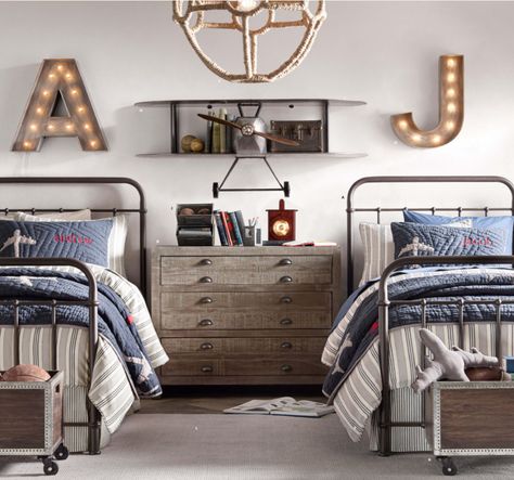 Shared Boys Rooms, Design Ložnic, Restoration Hardware Baby, Two Twin Beds, Striped Duvet Covers, Shared Bedroom, Twin Beds, Iron Bed, Boys Bedroom Decor