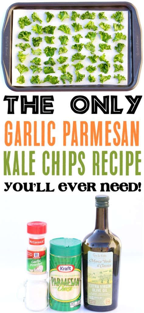 Garlic Parmesan Kale Chips Recipe! {Just 5 Ingredients} - The Frugal Girls Kake Chips Baked, Keto Kale Chips, Easy Kale Chips, Baked Kale Chips Oven, Recipes With Kale, Spinach Chips, Party Food On A Budget, Baked Kale Chips, Kale Chips Recipe