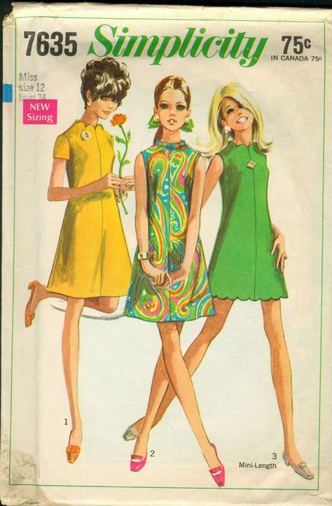 Simplicity 7635 Old Sewing Patterns, Neckline Sewing, Mini Dress Pattern, 70s Mode, 1960s Mini Dress, Simplicity Patterns Dresses, 1960s Dresses, 1960 Fashion, 60s 70s Fashion