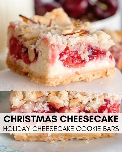 Christmas Desserts Cream Cheese, Christmas Cheesecake Bars Recipes, Christmas Baking Cheesecake, Sugar Cookie Cherry Cheesecake, Christmas Cookies Cheesecake, Christmas Desserts With Cream Cheese, Christmas Cherry Desserts, Little Debbie Cheesecake Christmas Tree, Christmas Cherry Cheesecake