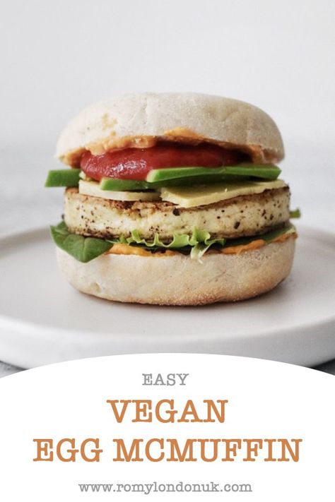 Easy Vegan Egg McMuffin with tofu patty, served on an English muffin #vegan #mcdonalds #breakfast Vegan English Muffin Sandwich, Mc Muffin, Vegan English Muffins, Veganuary Recipes, Egg Mcmuffin Recipe, Muffin Sandwich, Muffin Vegan, Vegetarian Burger Recipe, Vegan Mcdonalds