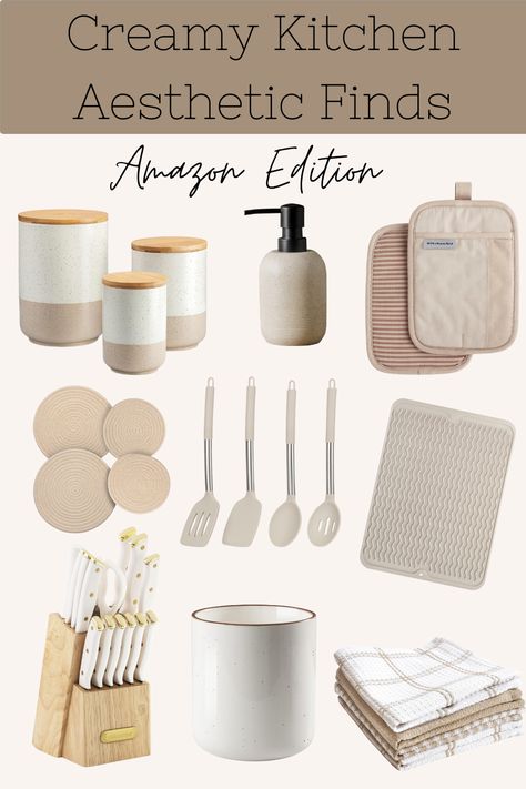 -Ceramic Kitchen Canisters for Countertop -Two-Tone Non-Slip Pot Holder Set -100% Cotton Flat Waffle Dish Cloths -Kitchen Utensils Set of 4 BPA Free -Silicone Dish Drying Mat -Soap Dispenser Beige -Round Cotton Trivets Set of 4 in Beige -Large Ceramic Cooking Utensil Holder -High Carbon-Stainless Steel Kitchen Knives #ad Neutral Kitchenware, Taupe Kitchen Accessories, Beige Kitchen Utensils, Neutral Kitchen Utensils, Beige Plates, Cooking Utensil Holder, Ceramic Kitchen Canisters, Cream Kitchen, Kitchen Utensil Set