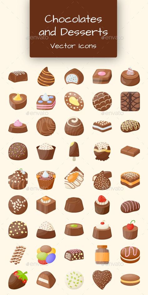 50 Chocolates and Desserts Icons by vectorsmarket | GraphicRiver