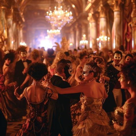 Elegant guests dance at a luxurious masquerade ball in a grand ballroom adorned with chandeliers. Ballroom Party Decorations, Fantasy Masquerade Ball Aesthetic, 1920s Masquerade Ball, Royal Ball Decor, 1800s Masquerade Ball, Fantasy Ball Aesthetic, Masquerade Ball Aesthetic Dark, Aesthetic Masquerade, Masked Ball Aesthetic