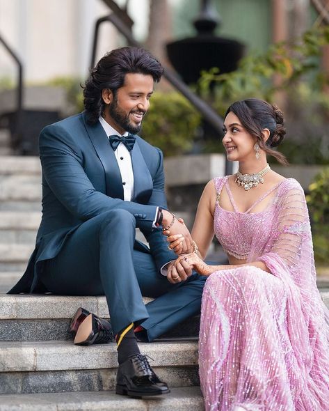 Eka | Dreamy showdown for the Reception! Celebrating the power of love with @aishwaryaarjun wearing a quartz pink pre-draped saree by… | Instagram Pink Saree Couple Outfit, Tuxedo And Saree Couple, Pink Reception Saree, Couple Reception Look, Engagement Looks For Indian Couple, Saree Engagement, Uncut Jewellery, Engagement Looks, Jewellery Choker