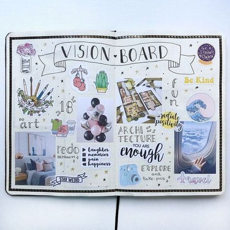 Vision Board Ideas Notebook, Vision Board Design Creative, Vision Board Ideas Journals, Dream Boards Ideas Layout, Doodle Vision Board, Vision Board In Journal, Vision Board Art Project, Planner Vision Board Ideas, Art Vision Board Ideas