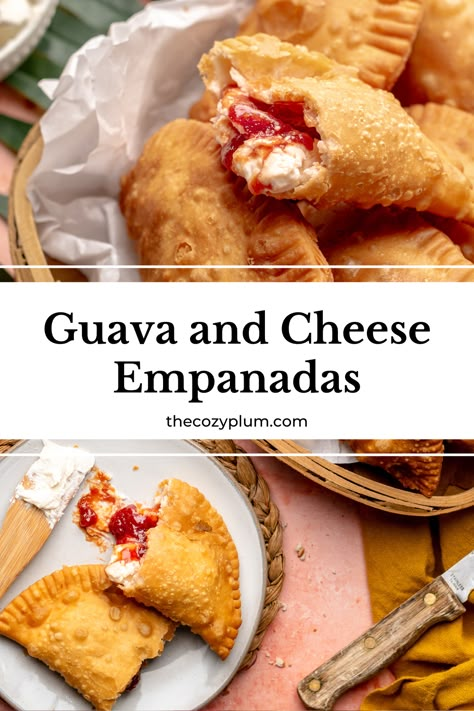 Guava and cheese empanadas are a tasty sweet and tangy treat! The empanada filling is made with tropical guava paste and cream cheese that gets stuffed inside of pre-made empanada dough discs and fried, air fried, or baked into a nice crispy texture. These 4-ingredient guava dessert empanadas are so easy to make and packed with delicious, rich flavor. Guava And Cream Cheese Pastelitos, Guava Cheese Empanadas, Puerto Rican Guava And Cheese, Empanada Dessert Recipes, Guava Desserts Easy, Guava Pastry Recipe, Guava And Cheese Appetizers, Sweet Empanadas Filling, Cuban Guava Pastries