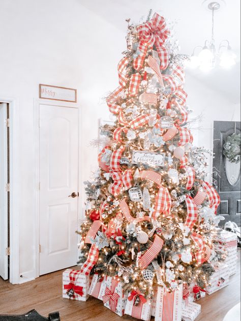 Red Gingham Ribbon Red And White Plaid Christmas Tree, Farmhouse Red Christmas Tree, Red Gingham Christmas Tree, Classic Red And Green Christmas Tree, Red And White Gingham Christmas Tree, Red Plaid Christmas Tree Trends, Red Gingham Christmas Decor, Red And Green Plaid Rustic Christmas Tree, Gingham Christmas Tree