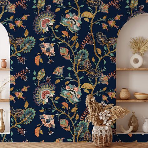 Dark Background Oriental Floral Branches Design Wallpaper for a Distinctive and Eye-catching Interior | Muralium Navy Floral Wallpaper Bathroom, Blue And Rust Wallpaper, Dark Office Wallpaper, Navy And Orange Wallpaper, Navy Wallpaper Powder Room, Blue And Gold Floral Wallpaper, Dark Blue Peel And Stick Wallpaper, Modern Kitchen Wallpaper Ideas Accent Wall, Moody Botanical Wallpaper