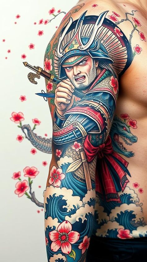 Master the art of self-expression with these 12 samurai tattoos that embody resilience and honor; which design will resonate with your warrior spirit? Japanese Samurai Tattoo Design Warriors, Samari Warrior Tattoo, Samurai Tattoo Color, Colored Samurai Tattoo Design, Cherry Blossom Symbolism, Wounded Samurai Tattoo, Samurai Warrior Tattoo, Kanji Characters, Oni Mask