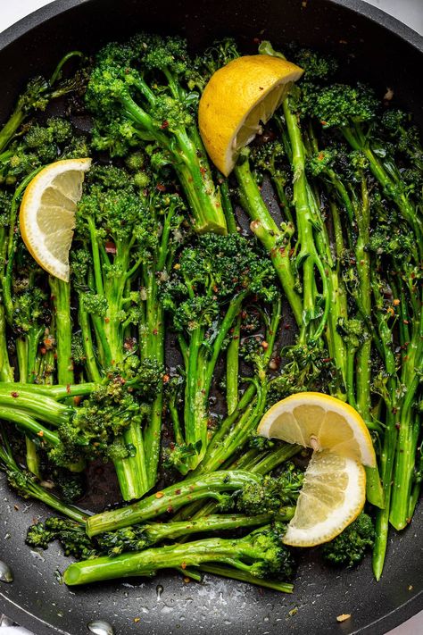 This sautéed broccolini is seasoned with garlic, lemon and red pepper flakes and cooks up in just 10 minutes. It's the perfect side dish for busy weeknights! Brocollini Recipes Sauteed, Green Veggie Side Dishes, Broccolini Recipe Side Dishes, Brocollini Recipes, How To Cook Broccolini, Brocolini Recipes, Vegetable Dishes Healthy, Broccolini Recipe, Veggie Side Dishes