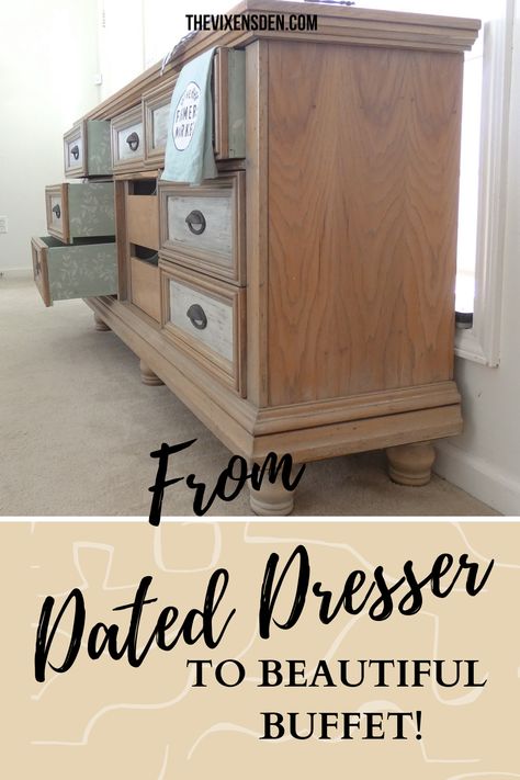 Turning A Dresser Into A Buffet, Diy Buffet Cabinet Farmhouse Style, Turn Dresser Into Buffet, Dresser As Buffet, Dresser Into Buffet Table, Turning A Dresser Into A Bar, Diy Side Board Buffet, Buffet Table Diy How To Build, Dresser As A Buffet