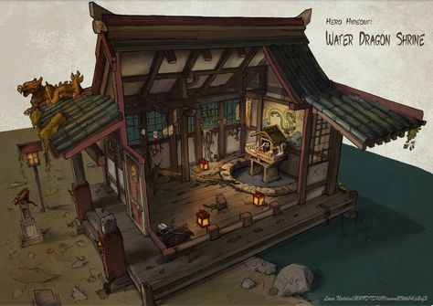 ArtStation - Water Dragon Shrine, Luca Naldini Shrine Interior, Feng Zhu Design, Interior Concept Art, Feng Zhu, Water Temple, Asian House, Architecture Mapping, Traditional Japanese Architecture, Japanese Shrine